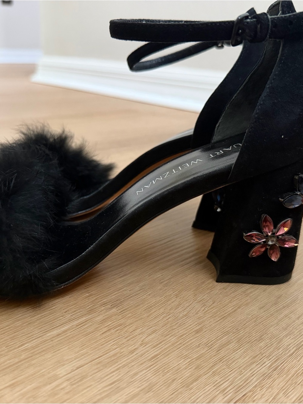 Stuart Weitzman Black Faux-Fur Ankle Strap Block Heels with Bead Embellishments - Picture 5 of 5